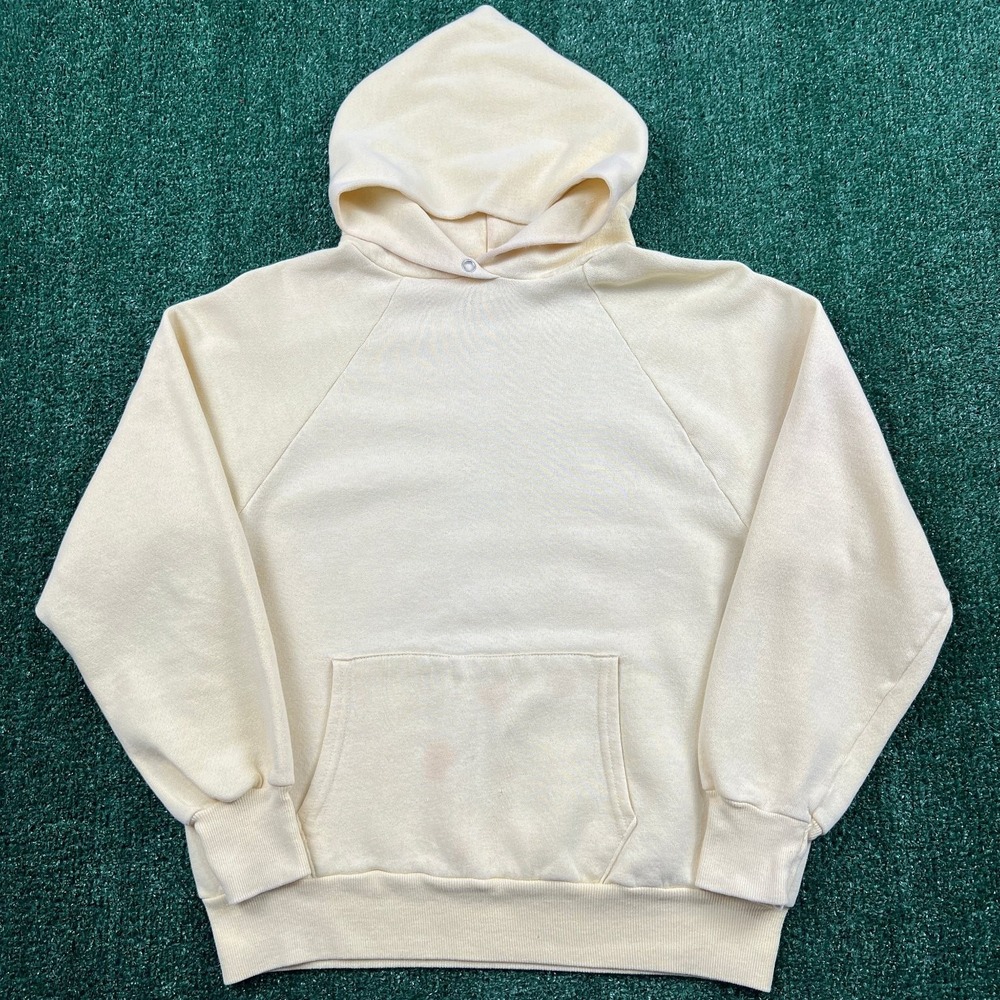 True Vintage Pale Yellow Blank Raglan Cut 50/50 Hoodie Men's Large 20.5x23.5 60s - Picture 2 of 11